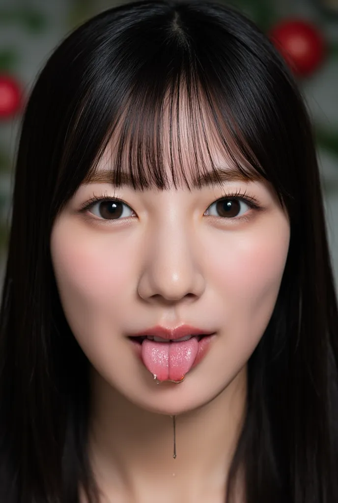  image according to the rules below 。
Japanese woman with long straight black hair, sticking out her tongue, (( dripping from nose to tongue:1.3)), 
facing forward