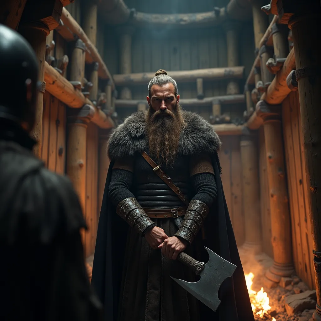 Rus, 10th century , Viking warrior with an ax in a wooden tower, cinematic shot, Duel, height, dynamic scene