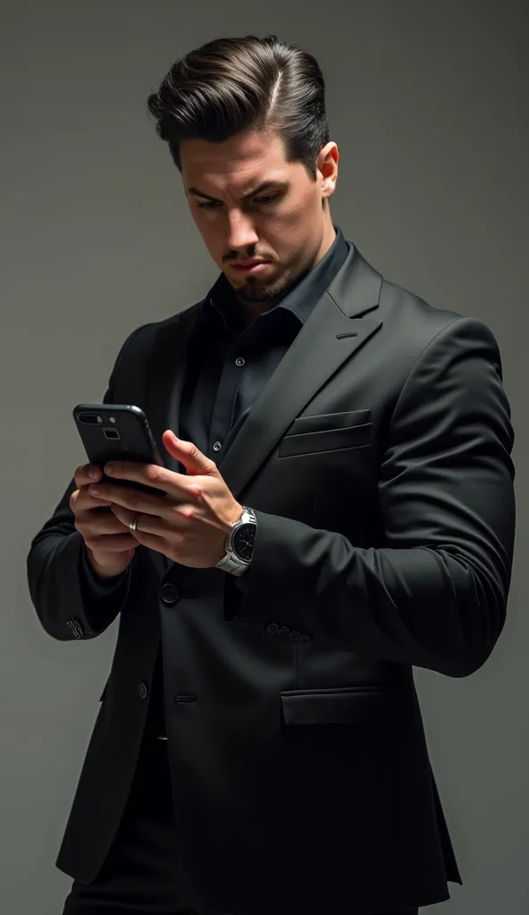 Create an imposing and alpha image of this man, It's for an ebook cover, I need you to have your phone in your hand