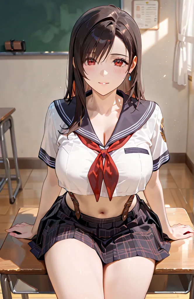 solo　Tifa Lockhart　classroom　school uniform　Gently give a man a knee pillow