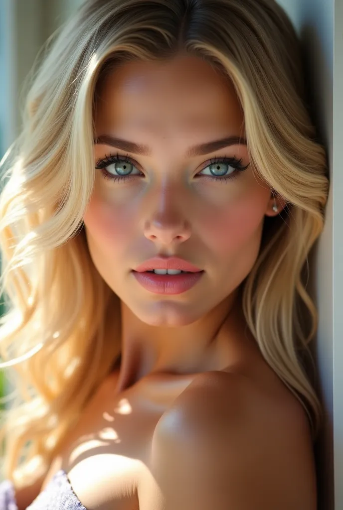 Beautiful blonde American woman slightly tanned 