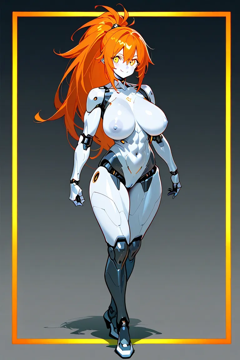 anime art of  Cyber girl , ( vampire) , big boops , ponytail,  multicolor, style hair . Yellow eyes, smiling, big eyes, metalic silver skin colors,  looking to the viewer,  full body,  big hips, 
 intricate detail, hyper-anime, shading, anime art,, highly ...