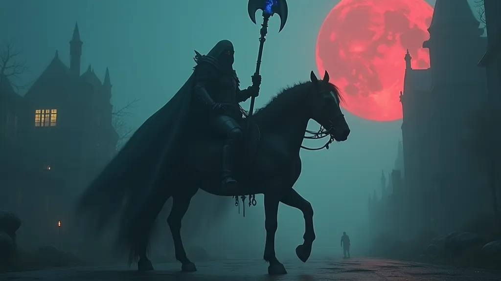 (best quality,  8k uhd, photorealistic bikini, masterpiece, Necessary) Dark and mysterious rider covered by a dark-faced cape on a perched black horse, wearing macabre Gothic armor with a skull helmet. Hold an extremely large dark sickle and a lamp with a ...