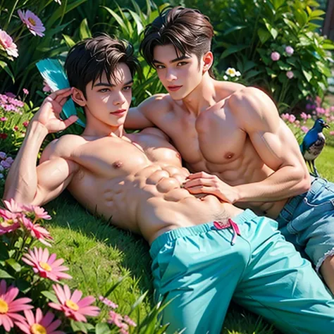   2 The boys are lying in a large flower bed with a thong , short hair ,  shirtless  , abs, slim body, Handsome , beautiful , young boys, boyish, cute. Realistic photo of boys , lying next to each other and the fluffy cat Manul on top of the boy's belly, o...