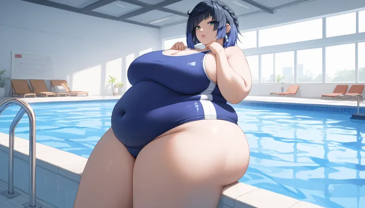 score_9, score_8_up, score_7_up, score_6_up, BREAK source_anime, look at viewer, rating_safe, 1girl, solo, masterpiece, best quality, high detailed skin, yelan \(genshin impact\), competition school swimsuit, pool, chubby, chubby girl, curvy, large brea...