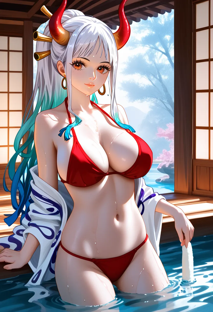 yamato one piece, only kimono, red bikini panties, in bath, all wet, beautiful female character, detailed facial features, alluring expression, sensual pose, water dripping, steam, ambient lighting, serene bathhouse interior, traditional japanese architect...