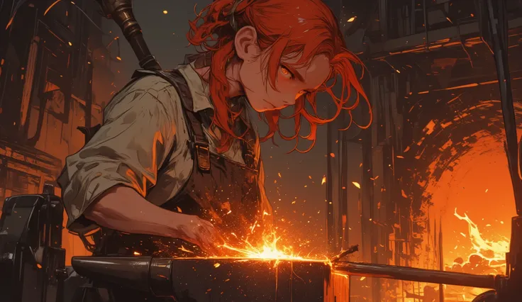 Create an image, in which a red-haired blacksmith with a braided scythe forges hot metal. She is wearing simple work clothes and a leather apron, protecting from sparks. her eyes are focused, and bright orange and gold sparks are flying all around. The fo...