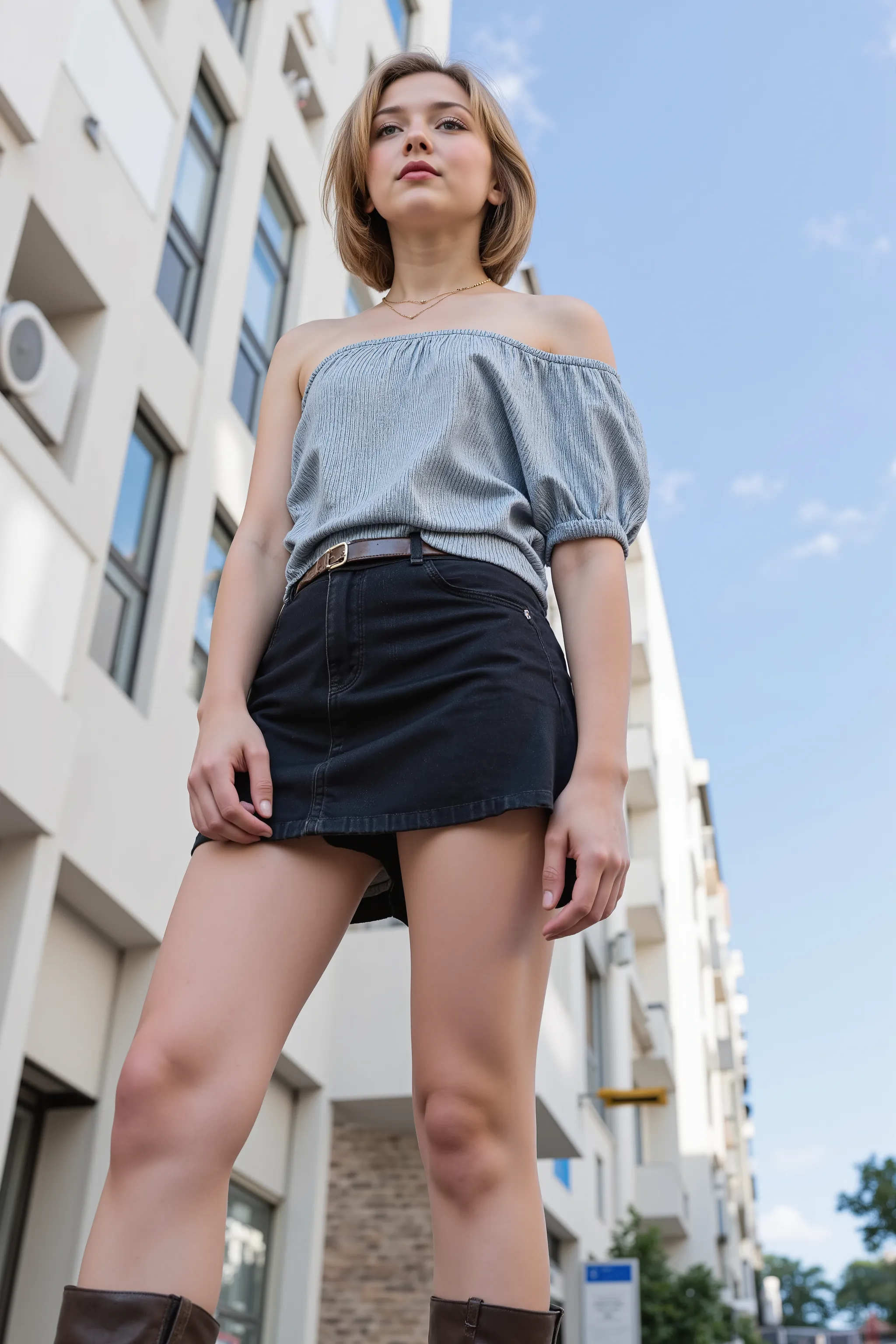  perspective from below  , very young girl wears a light blue metallic fitted tube blouse,  leaving her shoulders bare ., She wears a short black denim mini skirt, She wears dark brown boots that reach up to her calf, Anatomically correct proportions, She ...