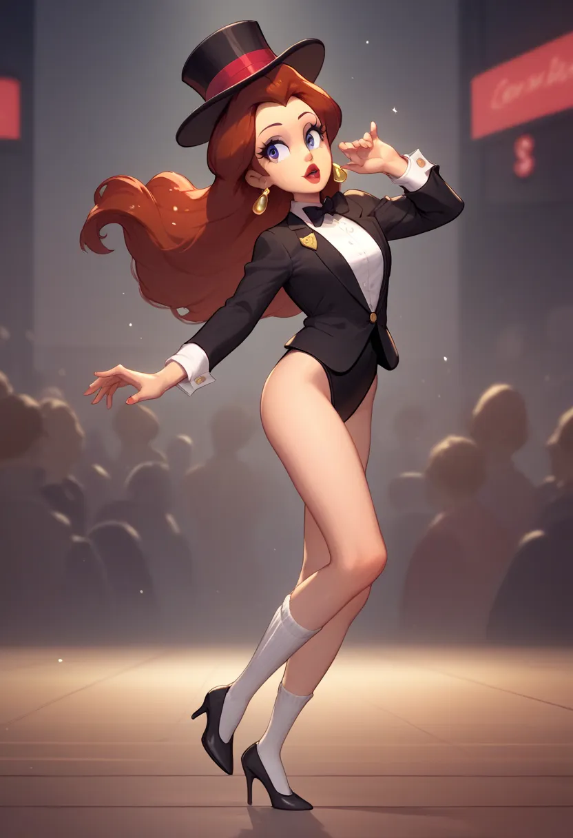 Cute Pauline wearing a sparkling black tuxedo leotard, black Mary Jane strap tap heels with white socks,,performing on stage with a city background, black mix with brown hair, eyes are centered, black bow with a white collar around her neck, while tap danc...