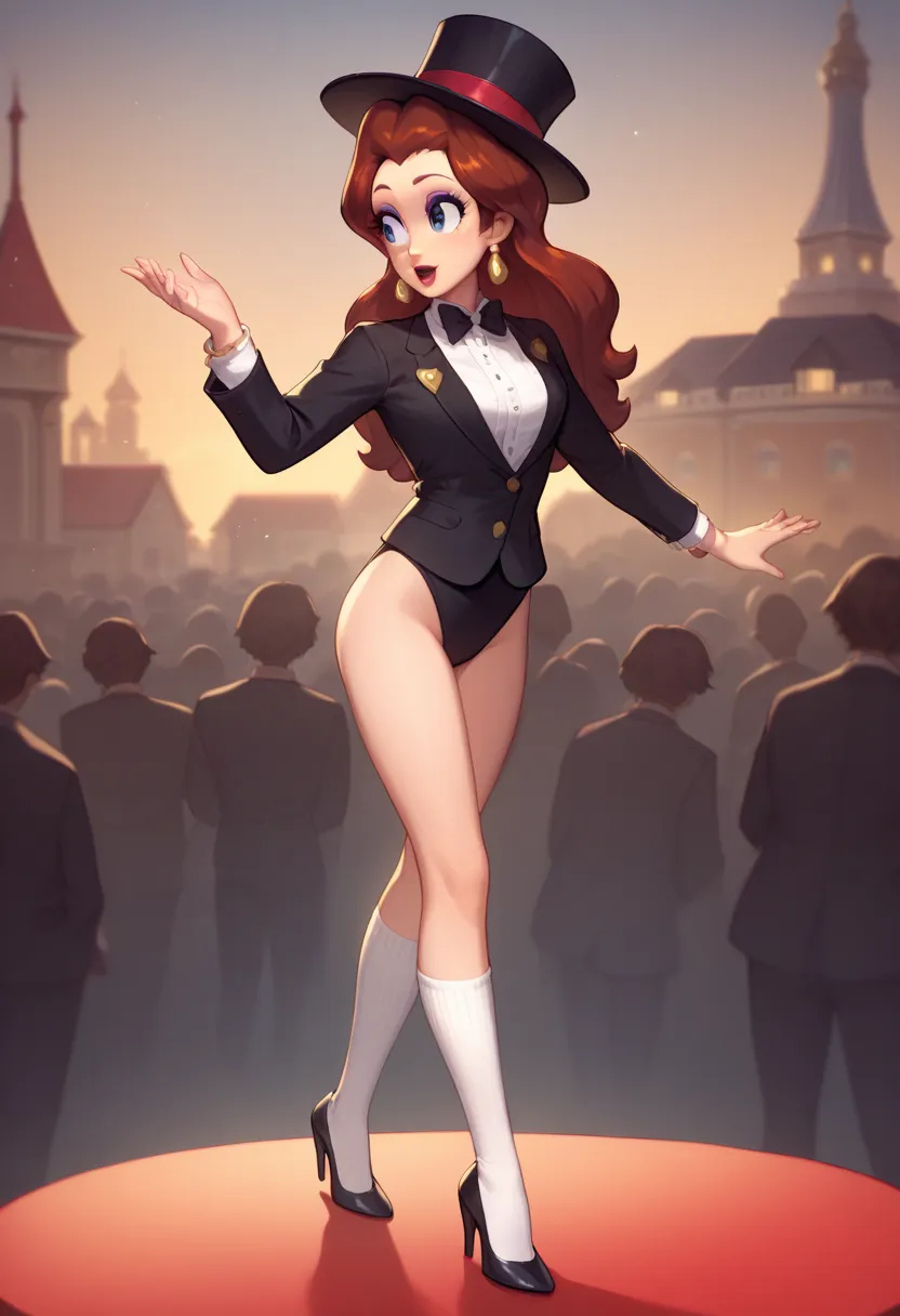 Cute Pauline wearing a sparkling black tuxedo leotard, black Mary Jane strap tap heels with white socks,,performing on stage with a city background, black mix with brown hair, eyes are centered, black bow with a white collar around her neck, while tap danc...