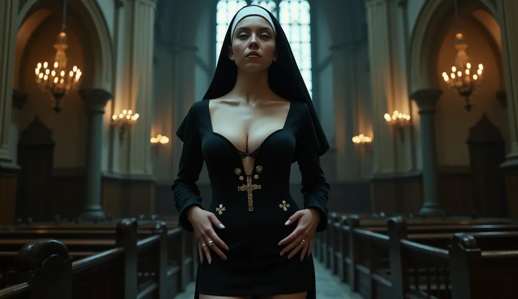 Sydney Sweeney,  nun with big breasts in a short and revealing dress (((nun outfit))), lighter skin (((green eyes))) in a  gothic dark church, (((realistic))), (((full body))), erotic nun outfit 