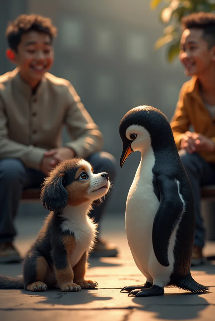 Penguin holding dog makes dog cry over there，Someone is sitting next to me, laughing.