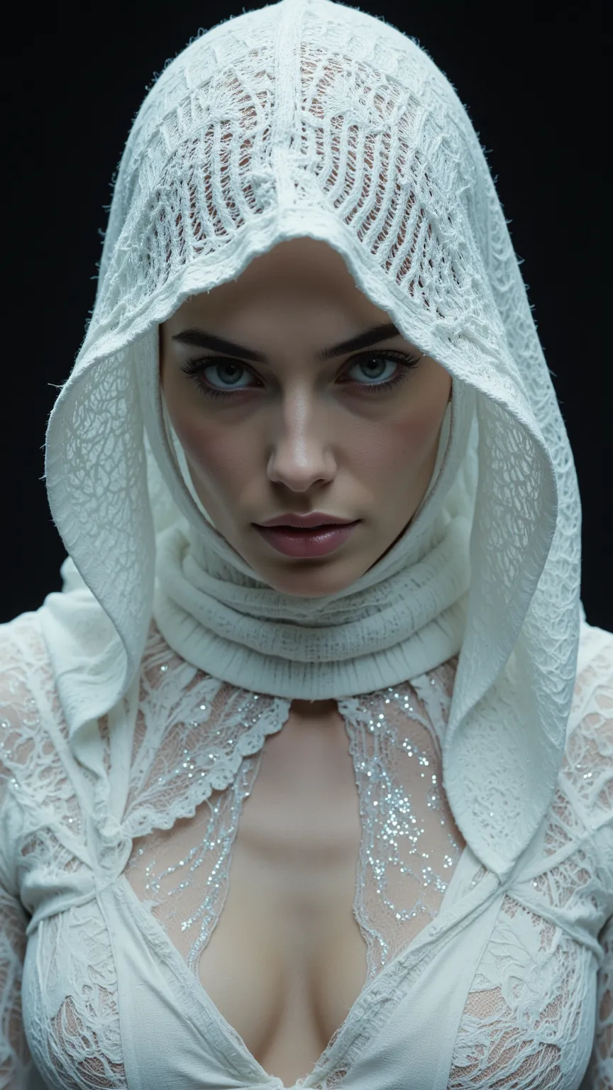 Her deep, enigmatic eyes are hidden behind a white ribbed knit white balaclava mask, allowing glimpses of her expressive gaze beneath, framed by long, dark lashes. hooded white lace silk dress with sparkle all over , elegant and with a neckline