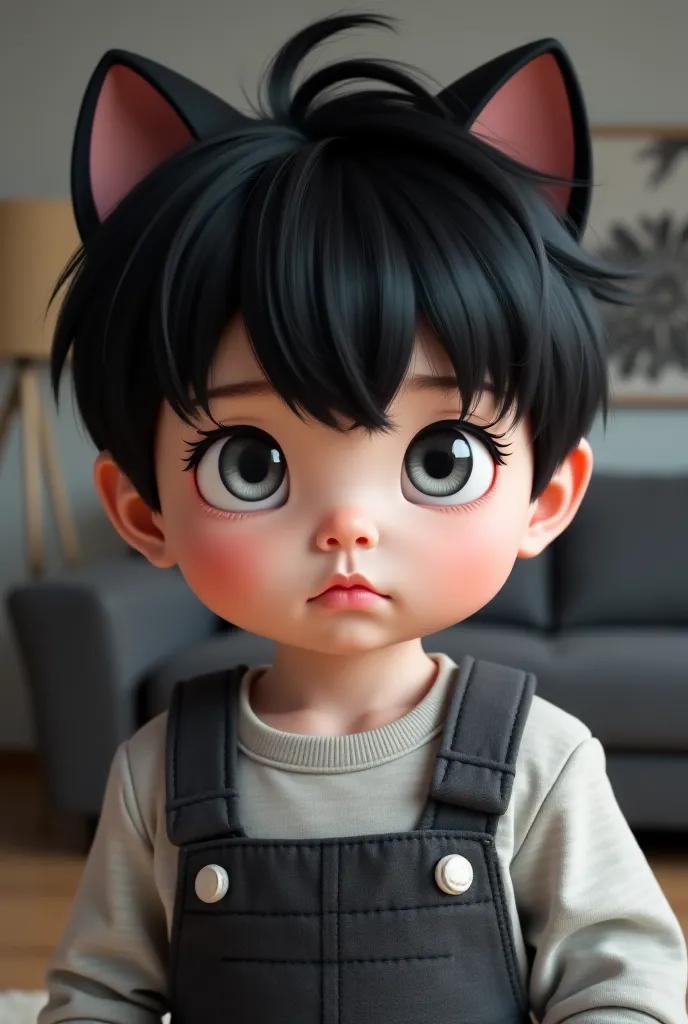 Cute two-year-old male Korean baby with jet black hair and light gray eyes,  Realistic portrait, serious facial expression, bright eyes, confident stance, pale skin,  modern living room background , Luz outfit, Natural Tones, dark color palette, photoreali...