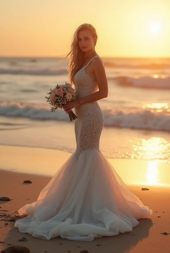 woman wearing a mermaid wedding dress, detailed facial features, elegant posture, serene expression, holding bouquet of flowers, standing on beach at sunset, waves crashing in background, sand and shells scattered around, warm golden hour lighting, profess...