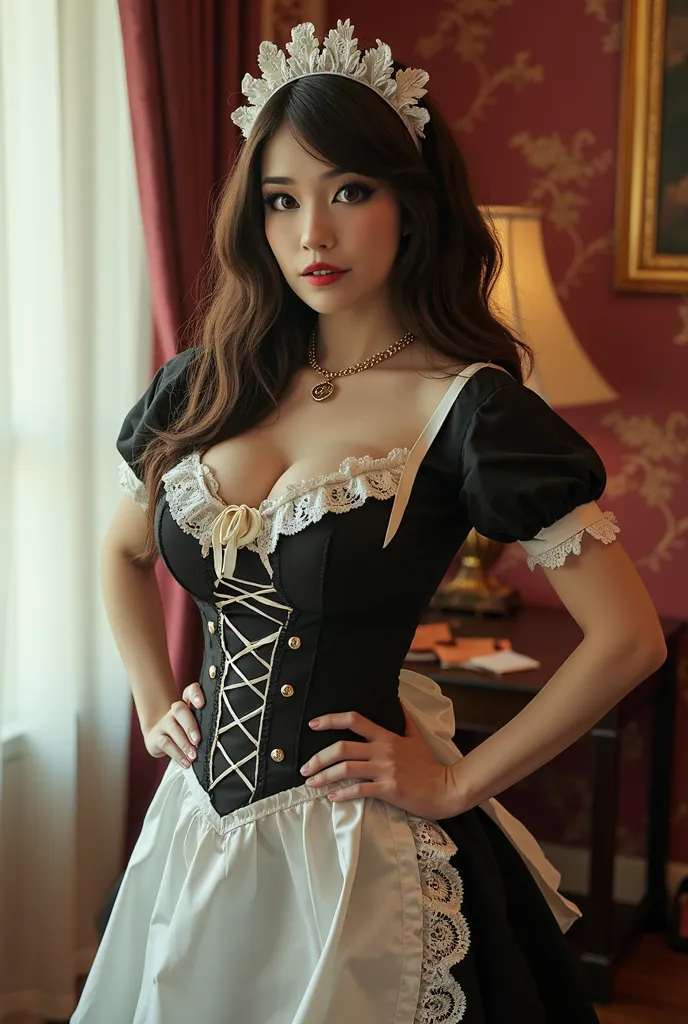 maid outfit, cute, massive breasts, cleavage, confident, detailed maid outfit with frilly skirt and apron, attractive face with bright eyes and confident expression, prominent bust prominently displayed, standing in elegant Victorian-style interior, soft s...