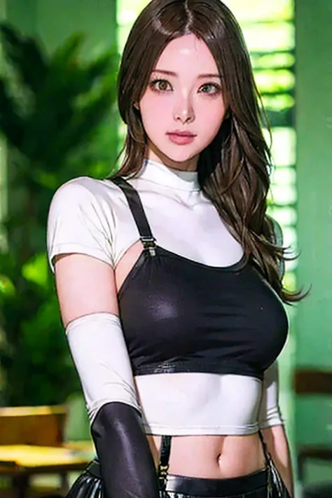 8k,masterpiece,  best quality ,Big Breasts、（ one girl 、 Tifa Lockhart 、red_eye、 black hair、 long hair、hair swaying vigorously， Adult Beauty、  shiny skin、Shiny big)、 (( best quality ))、  sharp concentration:1.2、 highly detailed face and skin textures 、詳細なey...