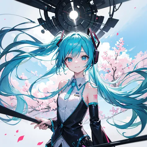 （（top quality））、（（masterpiece））、（（High Precision））、（（details））、Hatsune Miku、front、 Smile、upper body、My chest is small and flat、I can see future cities very far、Spectacular scenery with depth、clear々bright, large, majestic blue sky with a great sense of pers...