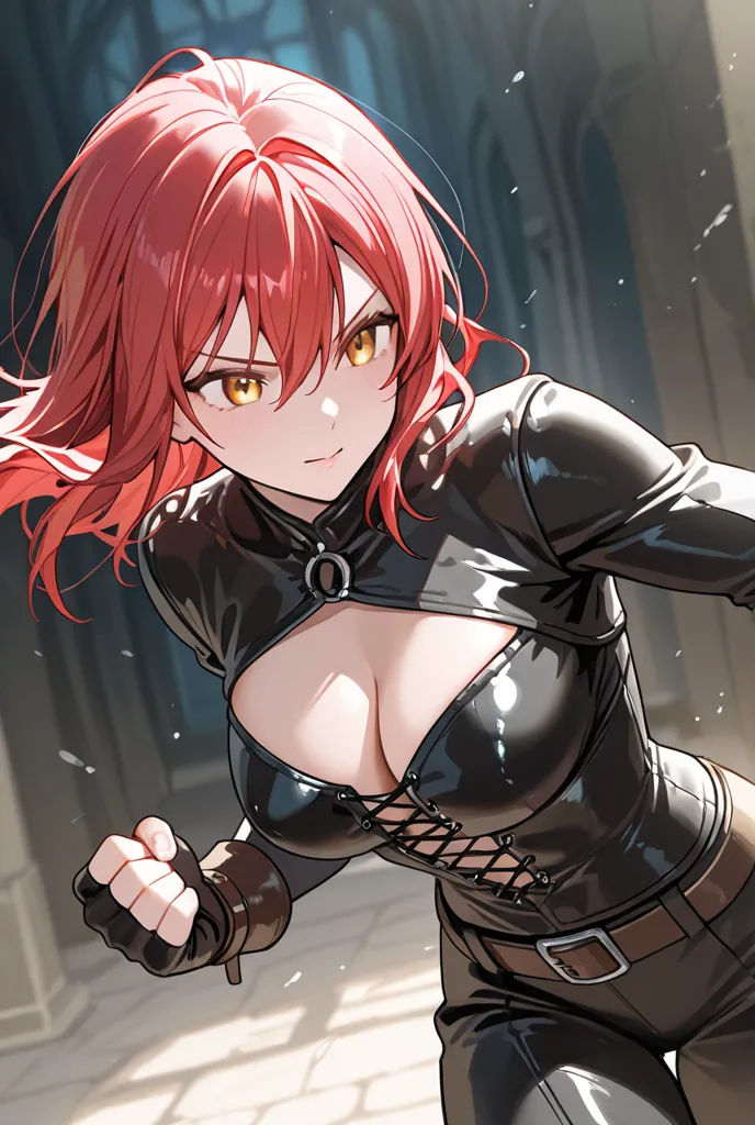 a woman with very stylish and attractive Leather fighting clothes, slender body, redhead and yellow eyes, anime.