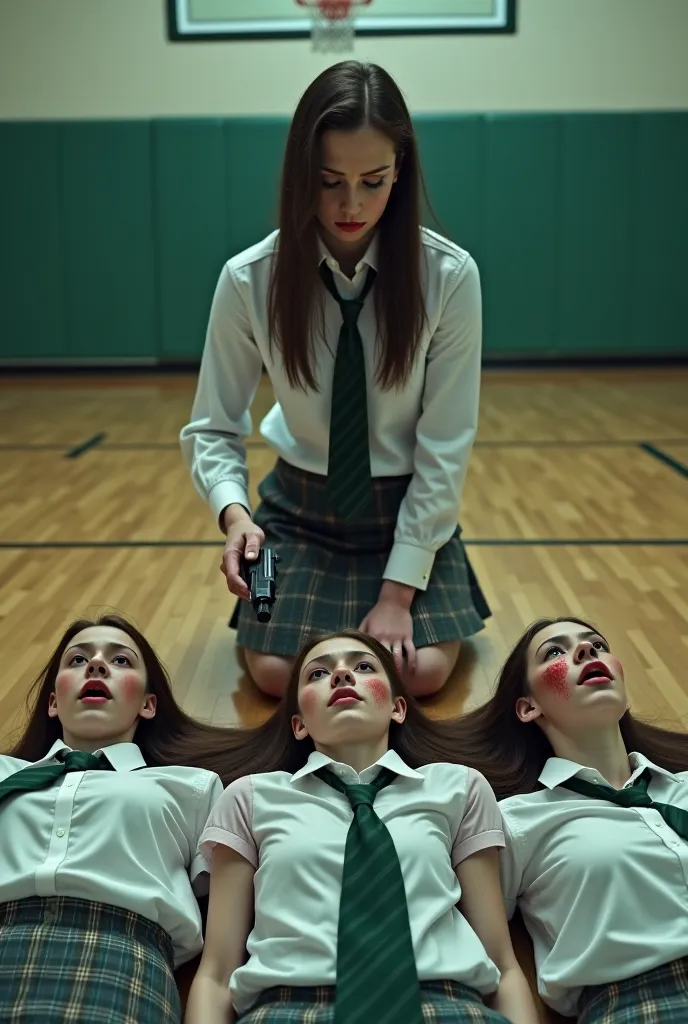 (((masterpiece))), HD image, detailed, photographic, Movie frame. Three heads of decapitated girls, on their bodies,  in an empty gym  , dressed in white shirts, green and gray checkered skirt and green tie,  long loose hair, with a gun in his hand, a 45 c...