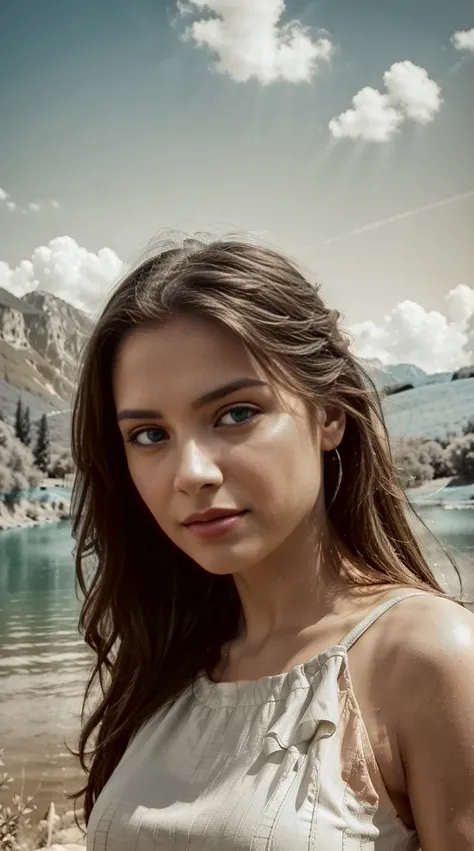 A realistic close-up shot of a beautiful woman with long hair, serene eyes, charming smile. 
In ultra realistic 4k this woman must be wearing sexy clothes in front of the sea with very bright lights and attractive effects a surreal photo of a very beautifu...