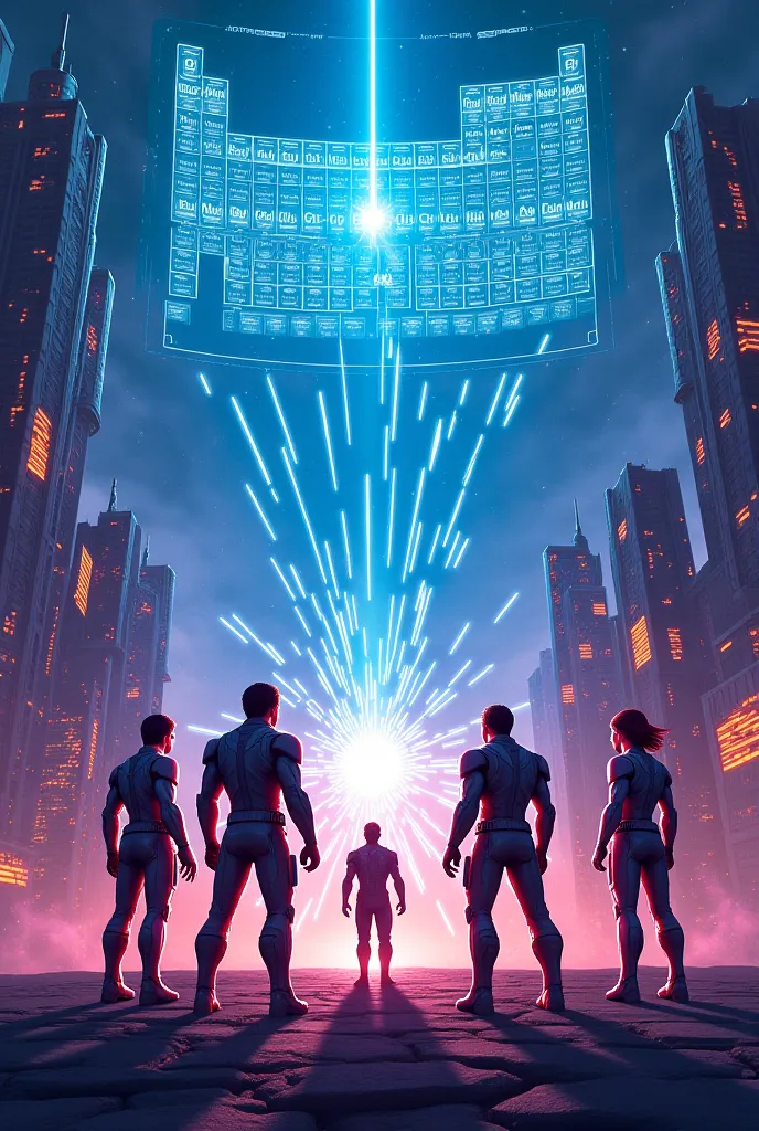 bottom: A futuristic cityscape with neon skyscrapers and a large holographic screen showing the structure of the Periodic Table in the sky.
	 • Main Illustration : The Guardians in dynamic and stylized poses, with light and neon effects, facing the threate...