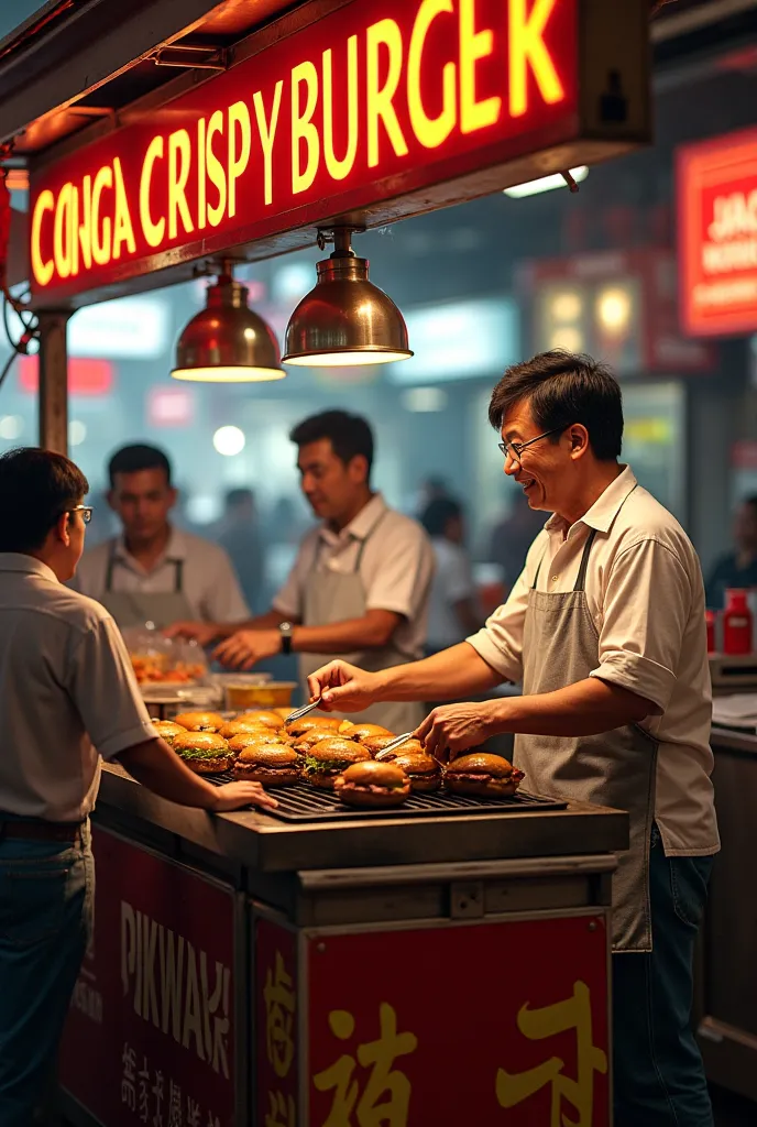 Jacky chan with 3 Asian Malay men selling burgers..stall no name " RAYSA CRISPY BURGER " The situation is crowded with customers.