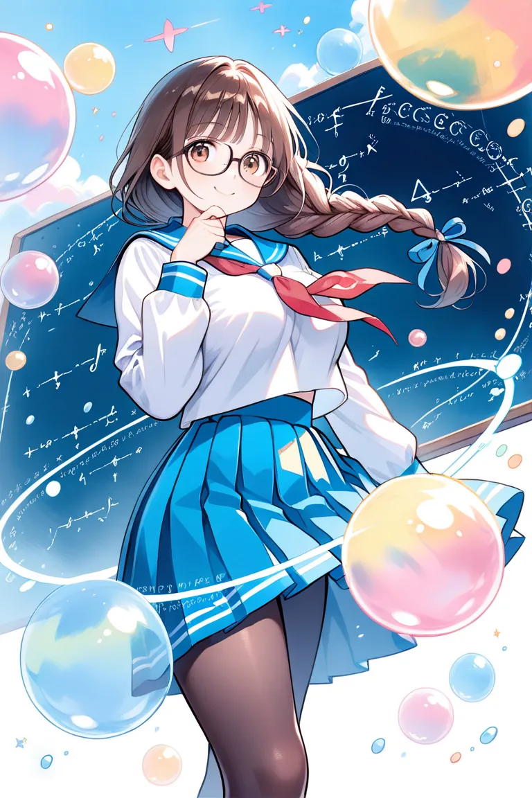 (ultra detailed:0.7), (soft pastel tones, watercolor, bright color, transparent, gradation), 
(cute girl with single braid), (dark brown hair, low-braided long hair, braid with blue ribbon), 17yo, light brown eyes, tareme, glasses, smile, 
large breasts, l...