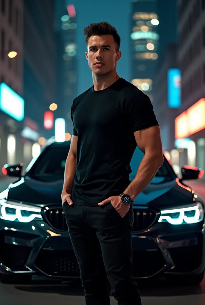 A man wearing a black T-shirt poses in the city at night with a black BMW as a backdrop. 