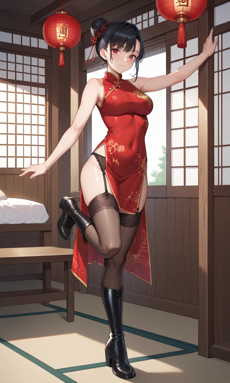  Japanese-style room in a Japanese house,Black hair bun,Athlete Body Shape, red china dress,garter belt,High Stockings,black long boots, stand on one leg,