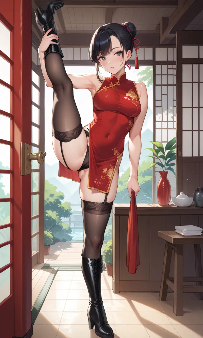  Japanese-style room in a Japanese house,Black hair bun,Athlete Body Shape, red china dress,garter belt,High Stockings,black long boots, stand on one leg,,crotch up