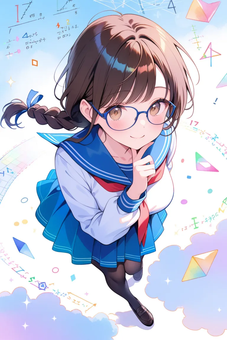 (ultra detailed:0.7), (soft pastel tones, watercolor, bright color, transparent, gradation), 
(cute girl with single braid), (dark brown hair, low-braided long hair, braid with blue ribbon), 17yo, light brown eyes, tareme, glasses, smile, 
large breasts, l...