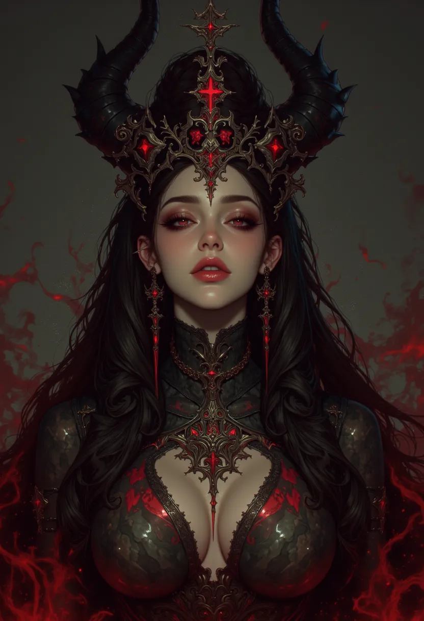 portrait of Lilith, sublime queen of demons, magnificent, majestic, attractive, terrifying, incredibly sexy,  glowing eyes, detailed portrait, highly detailed, hellish background, dark fantasy, dramatic lighting, dramatic chiaroscuro, dramatic shadows, dra...