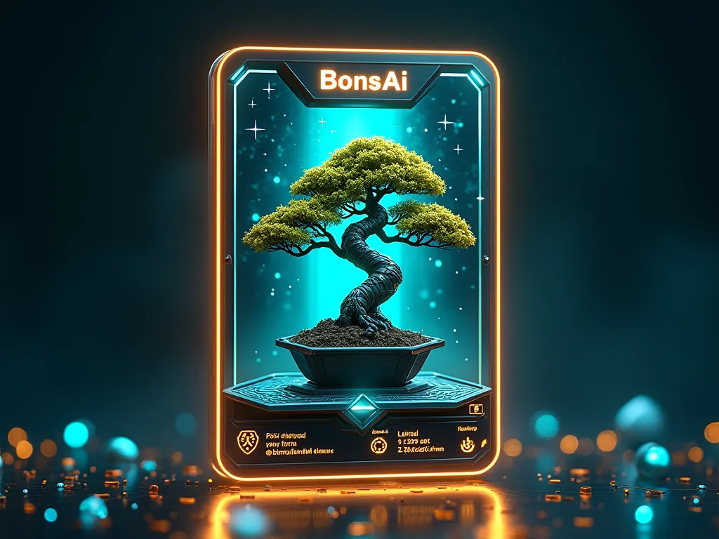 "Design a futuristic NFT flashcard featuring BonsAi. The card has a sleek, high-tech metallic frame with glowing cyan and gold accents. At the center, a 3D-rendered robotic bonsai tree with a titanium-plated trunk and natural glowing leaves stands on a lev...