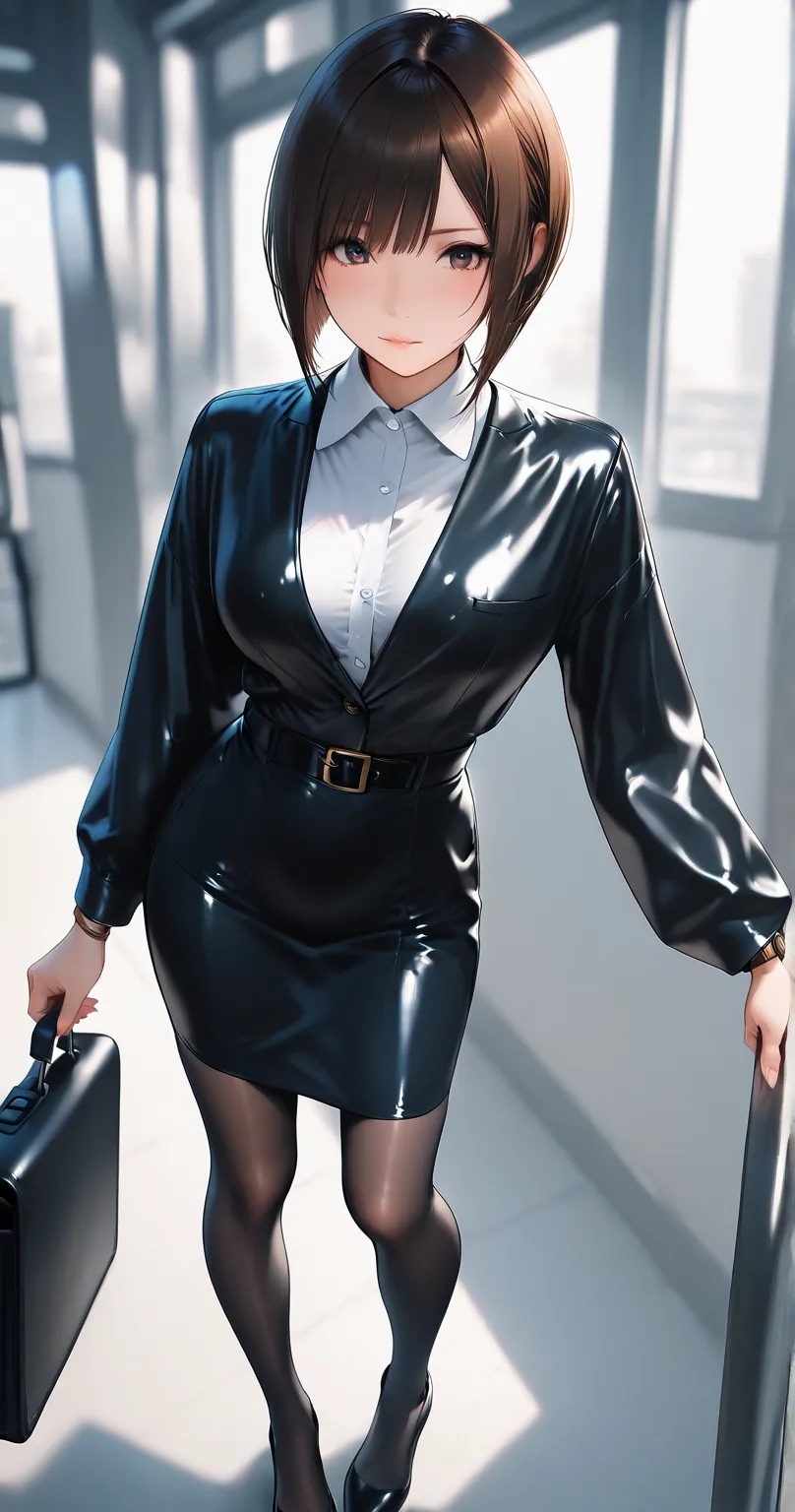  Masterpiece , best quality, A boy with a bob haircut, office worker, in a formal latex business suit. Long-sleeved latex shirt,  latex jacket ,  chest fastened with one button , and a latex pencil skirt,  hip-fitting . Latex stockings and high-heeled shoe...