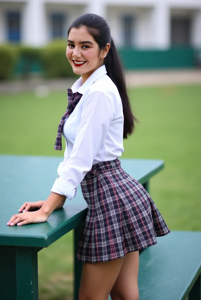 Real photos High-quality Realistic of desi woman, Beautiful girl (((large breast , big breast , nsfw))) , Best Quality, 20 years old desi girl in a school uniform standing near a green metal table,  She is wearing a white shirt(((large breast , big breast ...