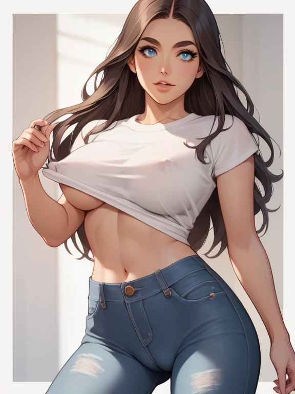 prompt: score_9, score_8_up, score_7_up,   source_anime，nsfw， uncorrected，   long haired girl ,  dark brown hair ,  Soft waves drape over her shoulders .  Her bright blue eyes have a lively expression ,  Framed by thick, long eyelashes and neat eyebrows . ...