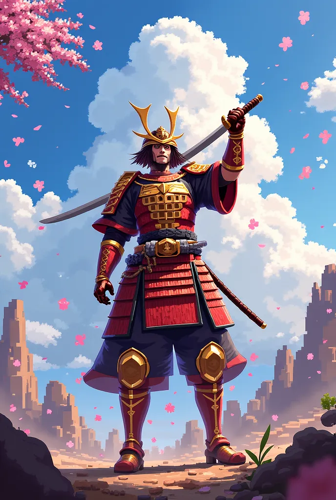 A detailed pixel art of a victorious samurai, with his traditional armor and an imposing design. his armor shines in the sunlight, with shades of gold and red reflecting his triumph. He holds his katana up with pride, while his other hand is on his waist o...