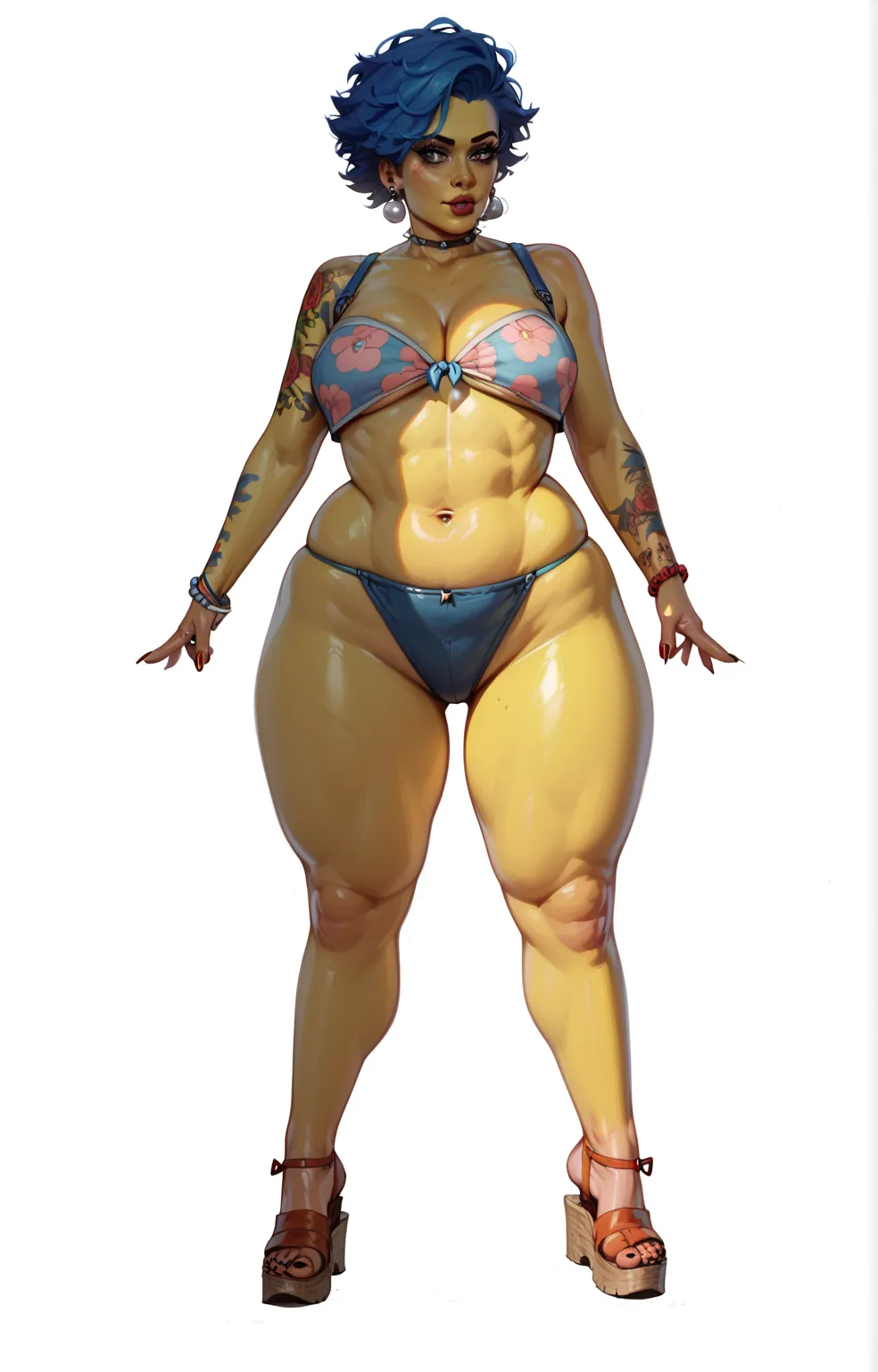 Marge Simpson character, huge boobs, small waist, huge thighs, huge hips, huge ass, blue hair,  yellow skin, all tattooed body, 