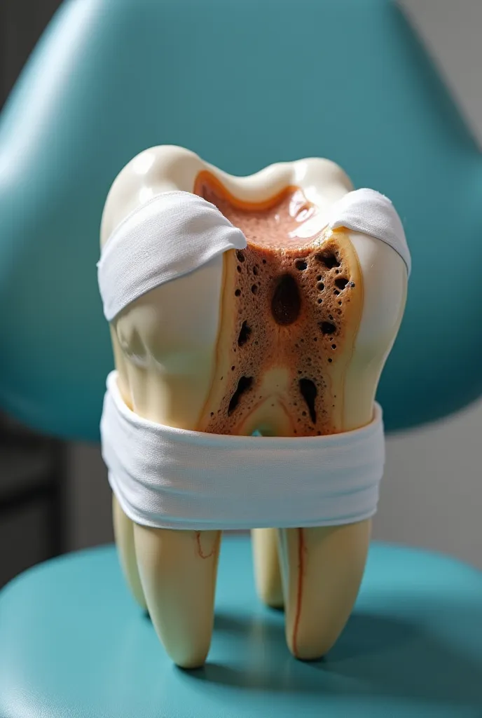 "A realistic large human tooth placed on a chair, appearing visibly damaged. The tooth has noticeable cavities, dark decay spots, and slight cracks, showing signs of wear and poor dental health. White bandages are wrapped around it, emphasizing its weakene...