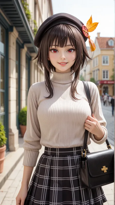 A hyper-realistic medium shot of Megumin from Konosuba, keeping her exact anime facial features but rendered in ultra-realistic detail. Her deep crimson eyes, slightly flushed cheeks, and messy dark brown hair with delicate individual strands are illuminat...