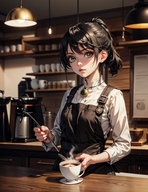 (1girl:1.3), (female focus:1.3), ultra-detailed, vibrant colors, (intricate details:1.1), (vibrant eyes:1.1), ornate clothes, oil painting, (professional barista, apron-dressed, skilled hands, coffee brewing, vintage coffee machine:1.3), (steam rising, woo...