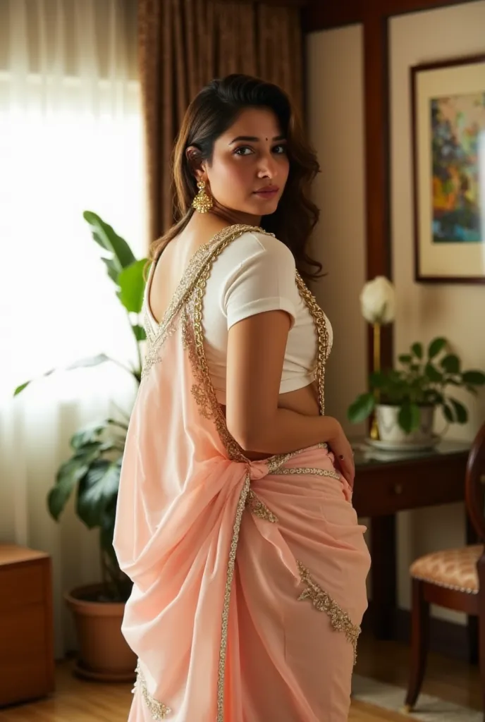 tamanna, mid-35s, The woman wears soft light pink&white colour mixed crepe saree and a tight tshirt as blouse, and standing in her bedroom right sidehighres, detailed, intricate, photorealistic, natural lighting, warm tones, elegant, soft focus, bedroom in...