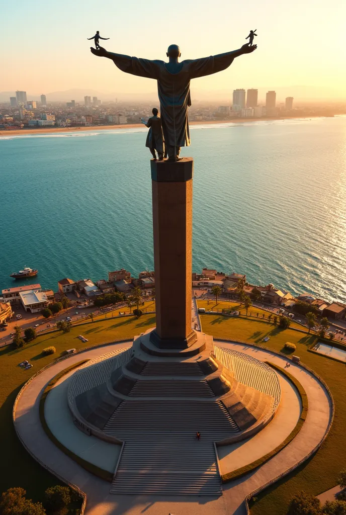 A **hyper-realistic aerial drone shot** of the **Monument de la Renaissance Africaine in Dakar, Senegal**, capturing the **massive bronze statue towering over the city skyline**. The statue, depicting a **man, woman, and  pointing toward the future**, stan...