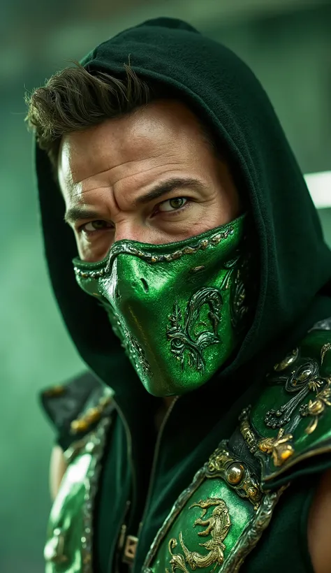 Here is a detailed prompt to generate an image ** super realistic** by Ben AFFLECK as **reptile**, focused **Only on the face **, with a green outfit and a shiny metallic green mask partially covering the face, e um Bottom marcante:  

---  
**"Close-up hi...