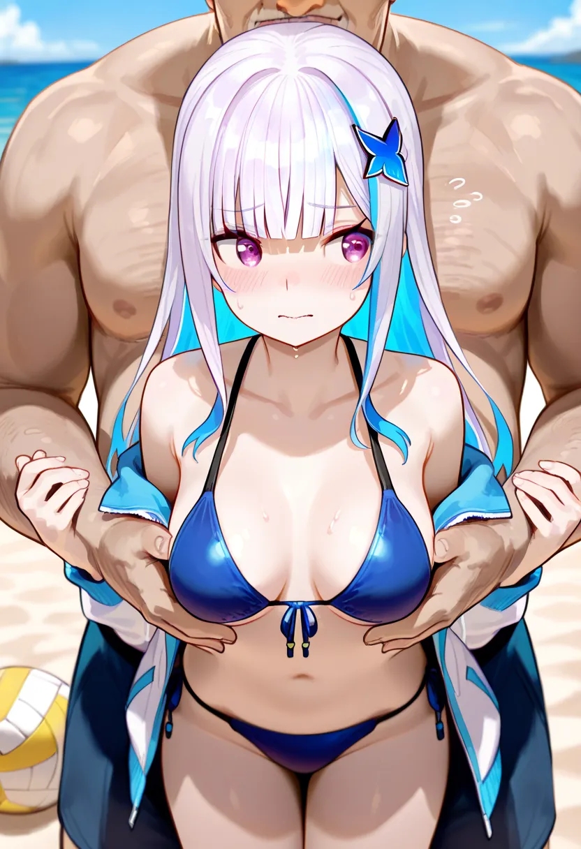 masterpiece,  best quality , 32K,  high resolution,     ridiculous ,  nijilize,medium breasts,purple eye,white hair,blue hair,multicolored hair,two-tone hair,colored inner hair,streaked hair,long hair,blunt bangs,flipped hair,hair ornamnet,、Big Breasts 、  ...