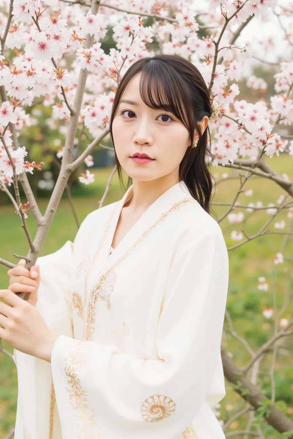 "A Japanese woman with a divine aura, a former angel who has emigrated from heaven to earth. Her figure exudes a gentle, mysterious light, and she has lost her wings. Her outfit is a Japanese-style white kimono, decorated with golden patterns and sacred or...