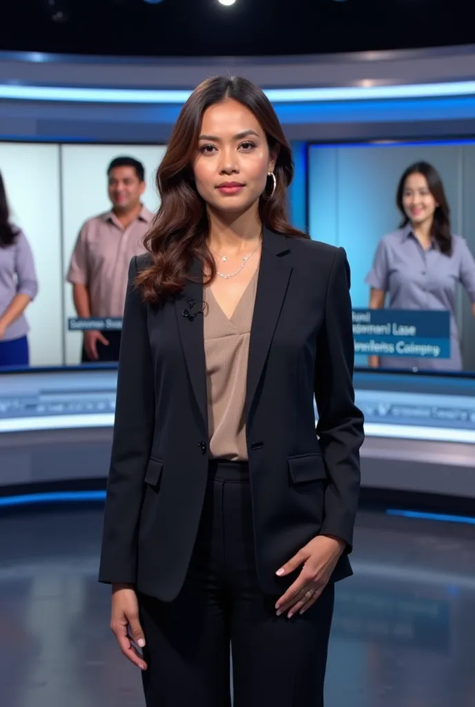 A realistic news studio with a professional female news anchor wearing an elegant dark business suit with a neutral-colored blouse. She stands confidently in front of a large screen displaying a breaking news story about a revolutionary weight loss discove...