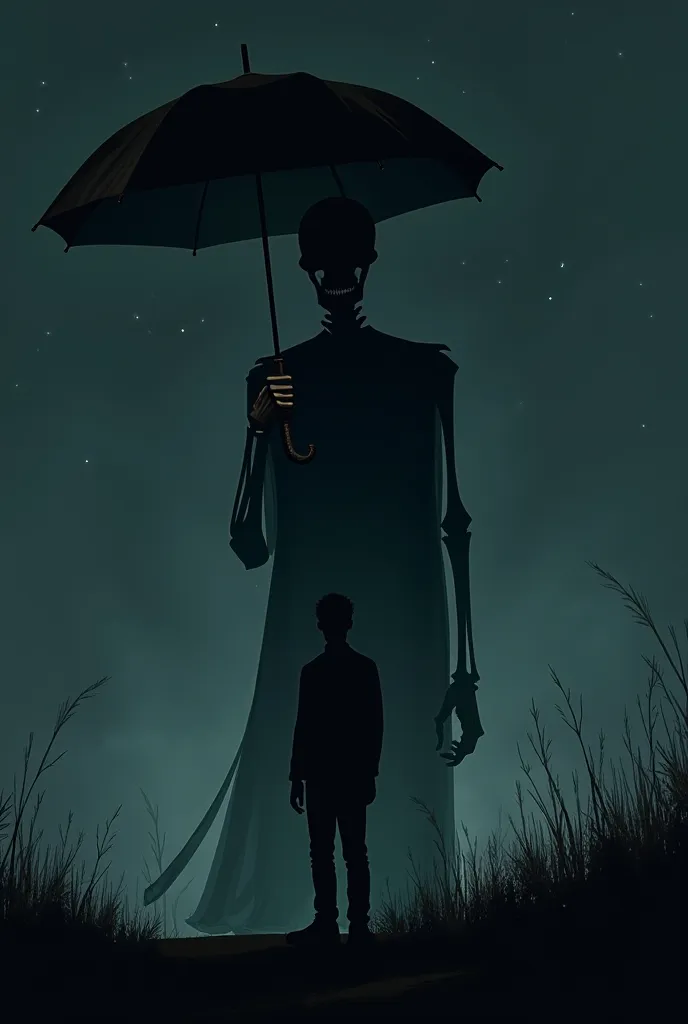 A human skeleton provide umbrella on a alone man at dark night. Give me the photo in dark theme