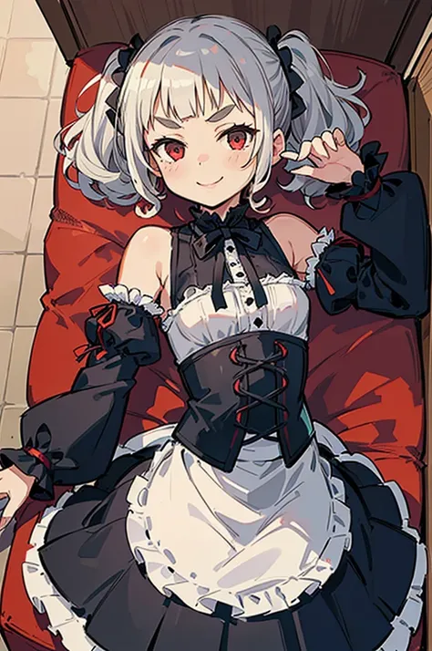 Young girl with gray hair, ((curly and fringed hair)),((short curly pigtails)), curly hair,(red eyes), ((small bushy eyebrows)), wearing gothic lolita clothing, wide and baggy lolitagotic decorative arm sleeves, corset with red threads, maid pleated skirt....